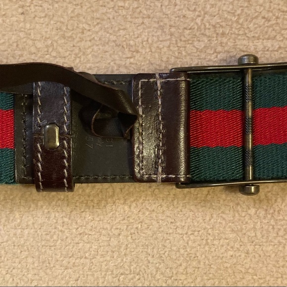 Gucci classic stripe textile belt,red green leather accents, slip bar closure - Picture 3 of 7